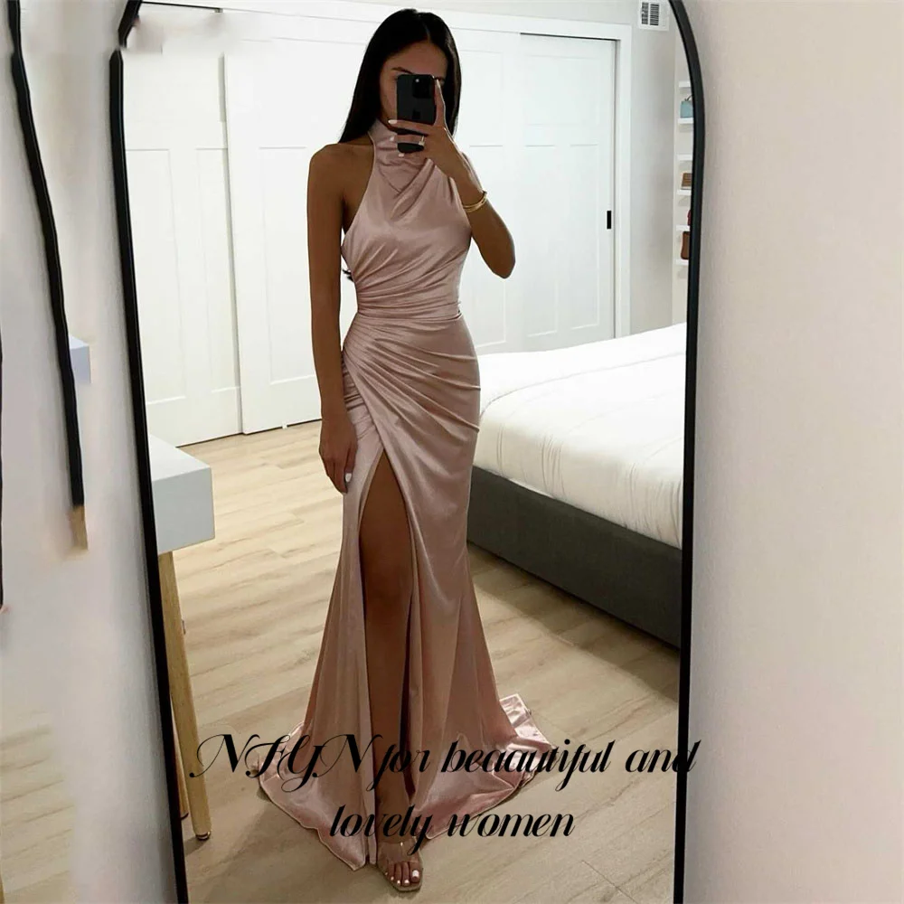 

NFYN Halter Champagne Prom Dress Stain Trumpet Celebrity Dresses Side Split Women's Evening Dress Formal Gown 프롬 드레 Customized