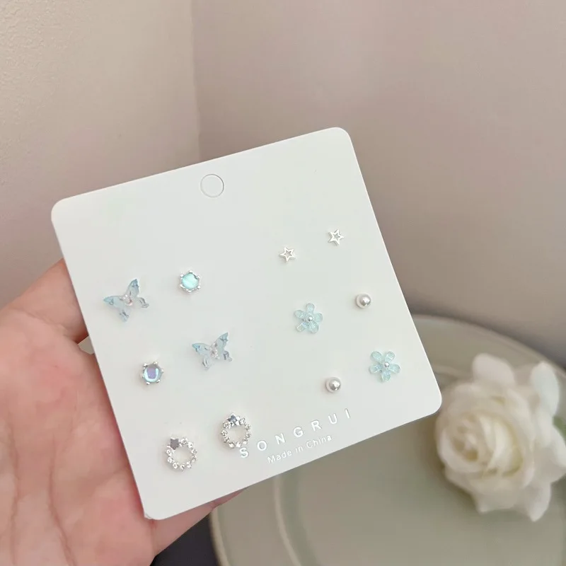 6/8/12Pcs/set 925 Silver Needle Blue green Color Series Earrings Set Butterfly Stud Earrings for Women Girls Fashion Jewelry