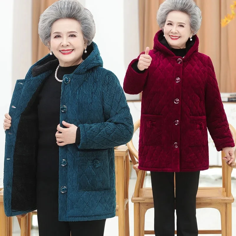 2022 Middle-aged Old People Winter Jacket Elderly Women Corduroy Cotton Parka Grandma Thick Velvet Warm Hooded Padded Coat 5XL