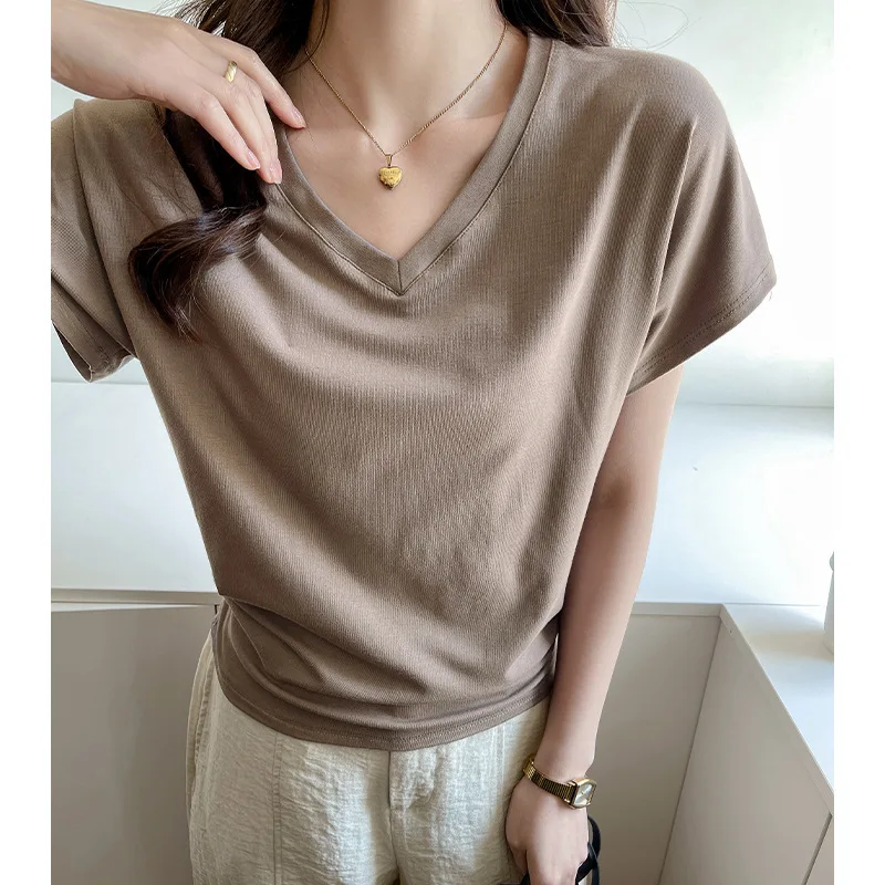 

Women's T-Shirts Short Sleeve Korea Stylish Chic V-Neck Loose-fit Casual Shirring Base Layer Tops Female Outwear C5978