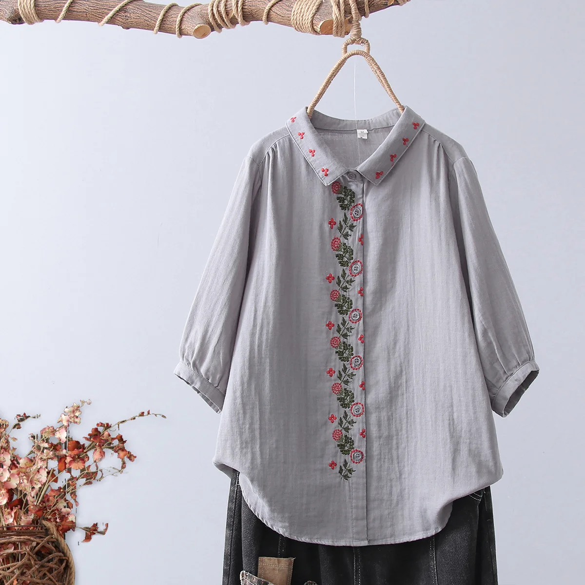 Women\'s summer shirt three quarter sleeve white embroider loose cotton shirts ethnic blouses Japanese vintage clothing