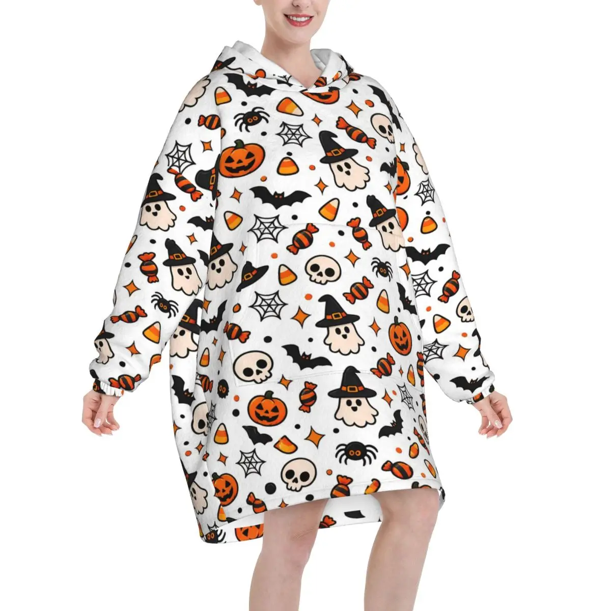 Halloween Ghost Pumpkin Spooky Trick Or Treat Witch Blanket Hoodie Oversized Wearable Sweatshirt Blanket Warm