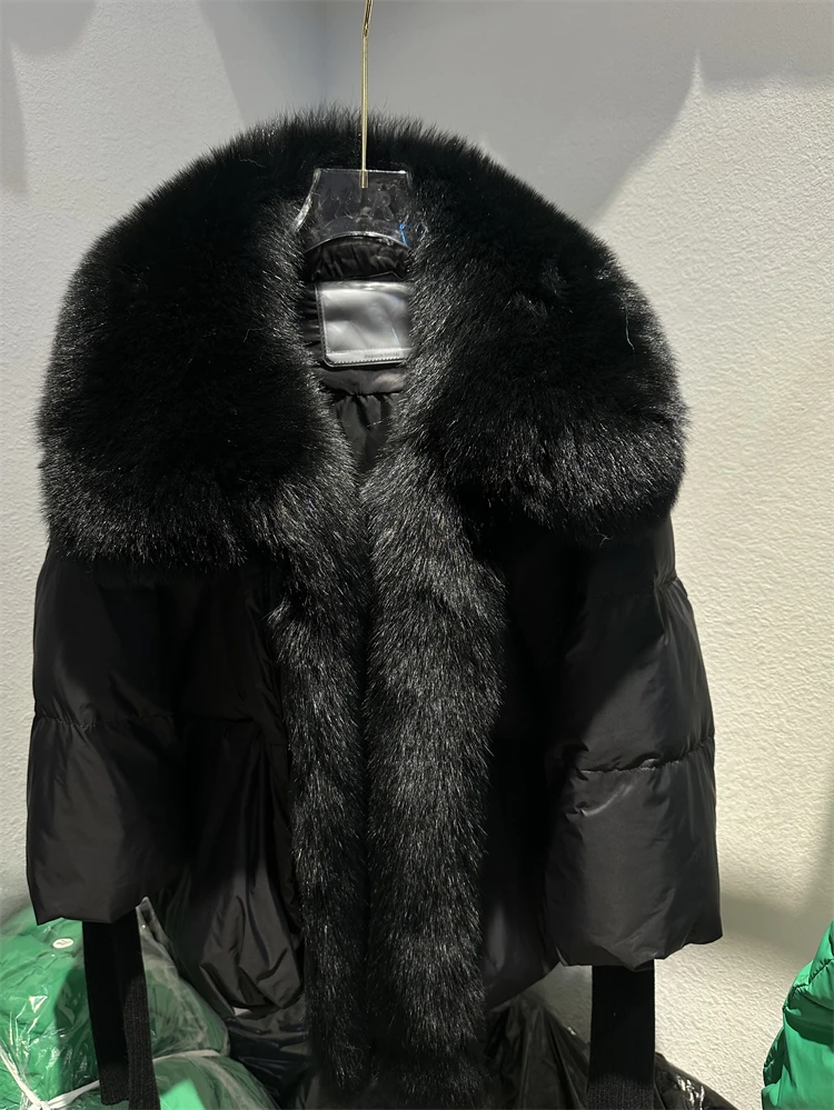 OFTBUY New Duck Down Jacket Winter Coat Women Super Large Real Silver Fox Fur Collar Jacket Knit Sleeve Fashion Luxury Outerwear