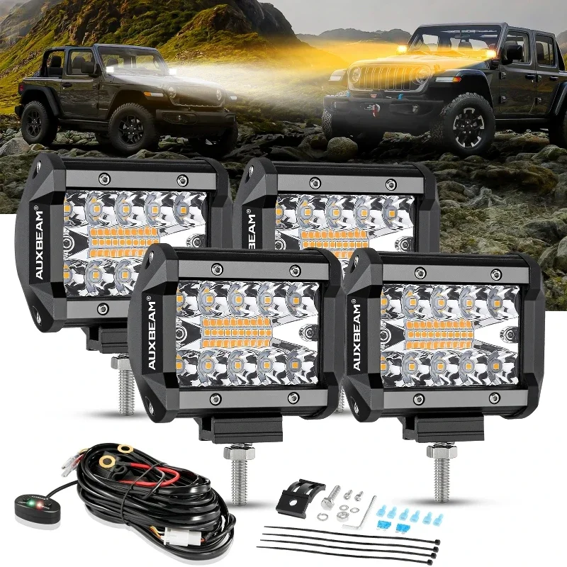 Auxbeam 2/4Pcs 4 Inch 6 Lighting Modes Amber White LED Work Light 120W 6000K LED Pods Lights with Harness for Truck Boat Jeep