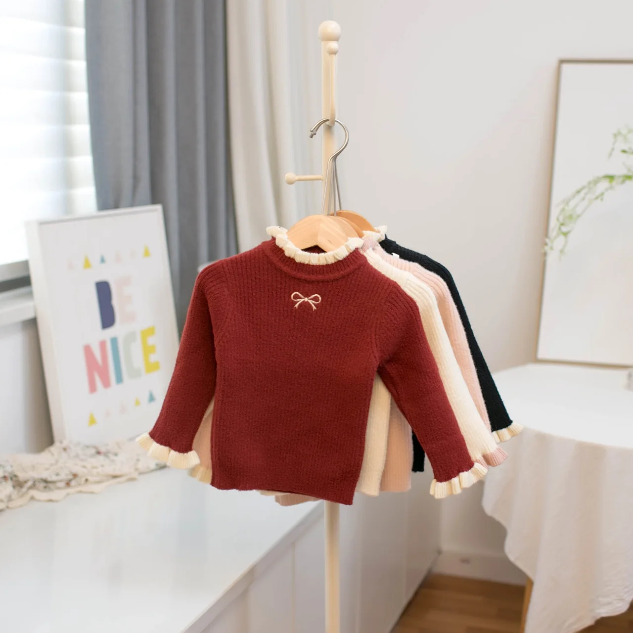 2025 Autumn and Winter New Girl's  Base Sweater Wrinkled Small High Neckline Bow Sweater Children Clothing