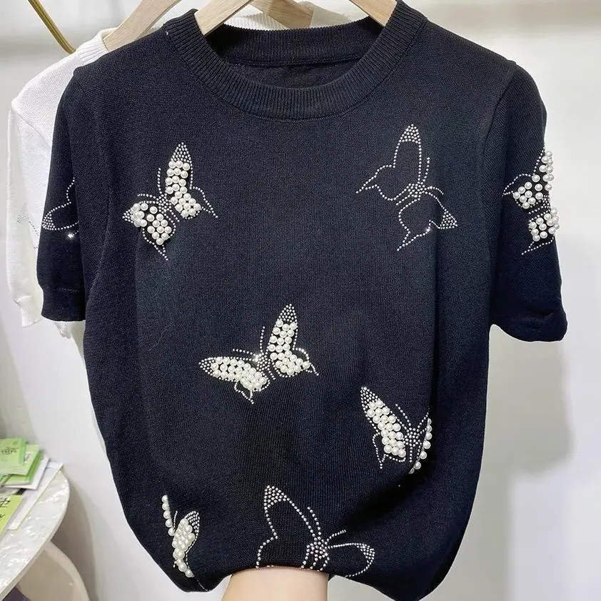 Summer Beaded Hot Diamonds Chic Butterfly Design Stylish Versatile Ice Silk Knit Loose Short-sleeved Top Knitted Sweater Shirts