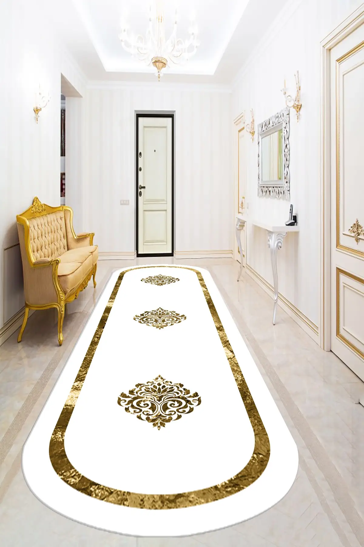 White Oval carpet Bely digital printed non-slip base washable Gold framed leaf patterned white Oval carpet