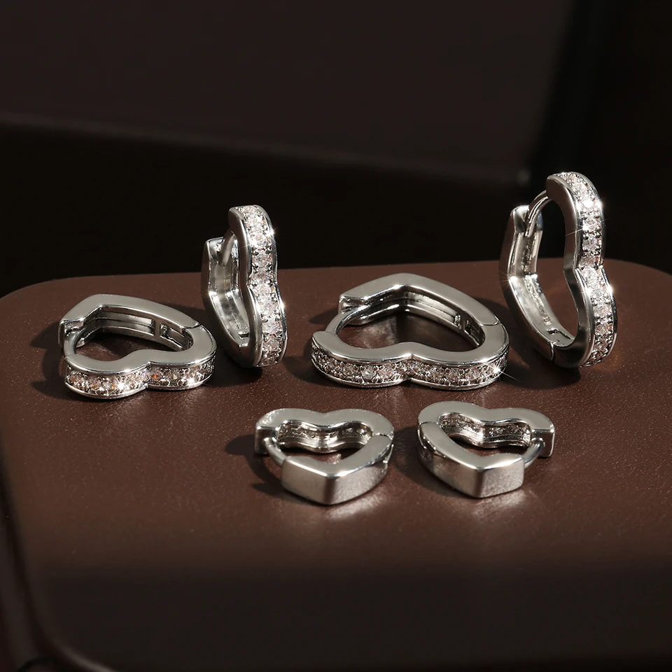 ZAKOL 3Pcs Iced Out Cz Hear Hoop Earring for Women Sparkling Round Inlaid Zircon Men Women Fashion Cool Punk Rock Party Jewelry
