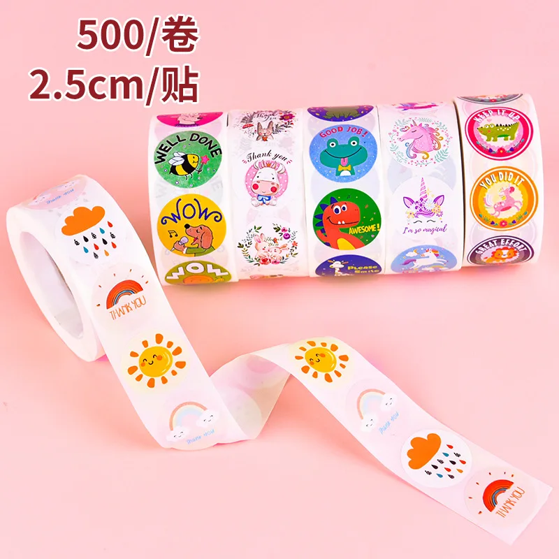 500Pcs Children\'s Cartoon Animal Stickers Baby Stickers Kindergarten Inspirational Little Red Flower Reward Roll Stickers