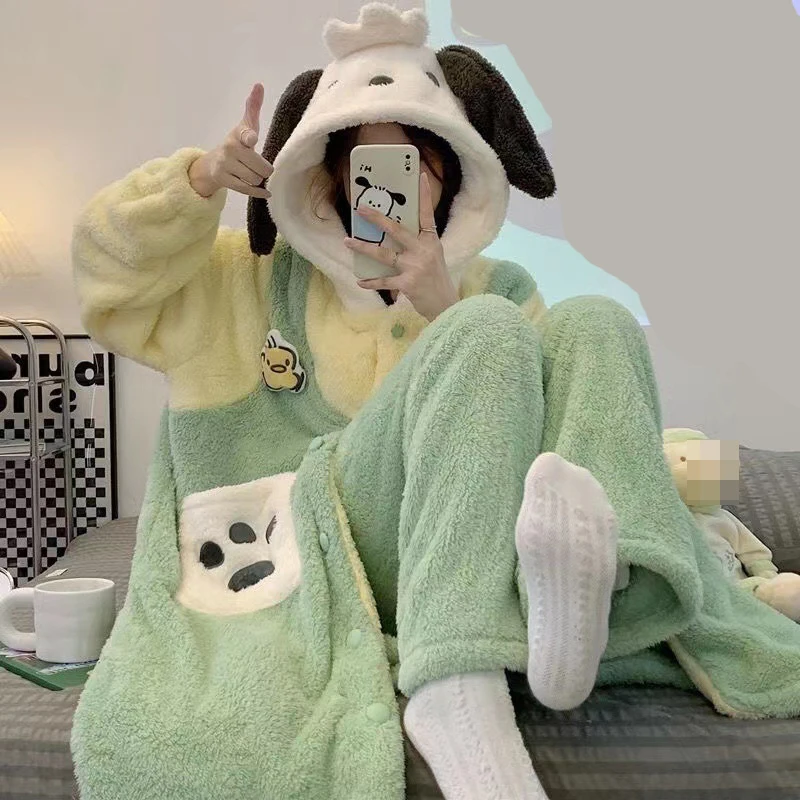 Winter Women Cosplay Pajamas Funny Anime Warm Sleepwear Long Robe Sets Flannel Sleeping Dress Thick Night Dress Nightgown Pijama