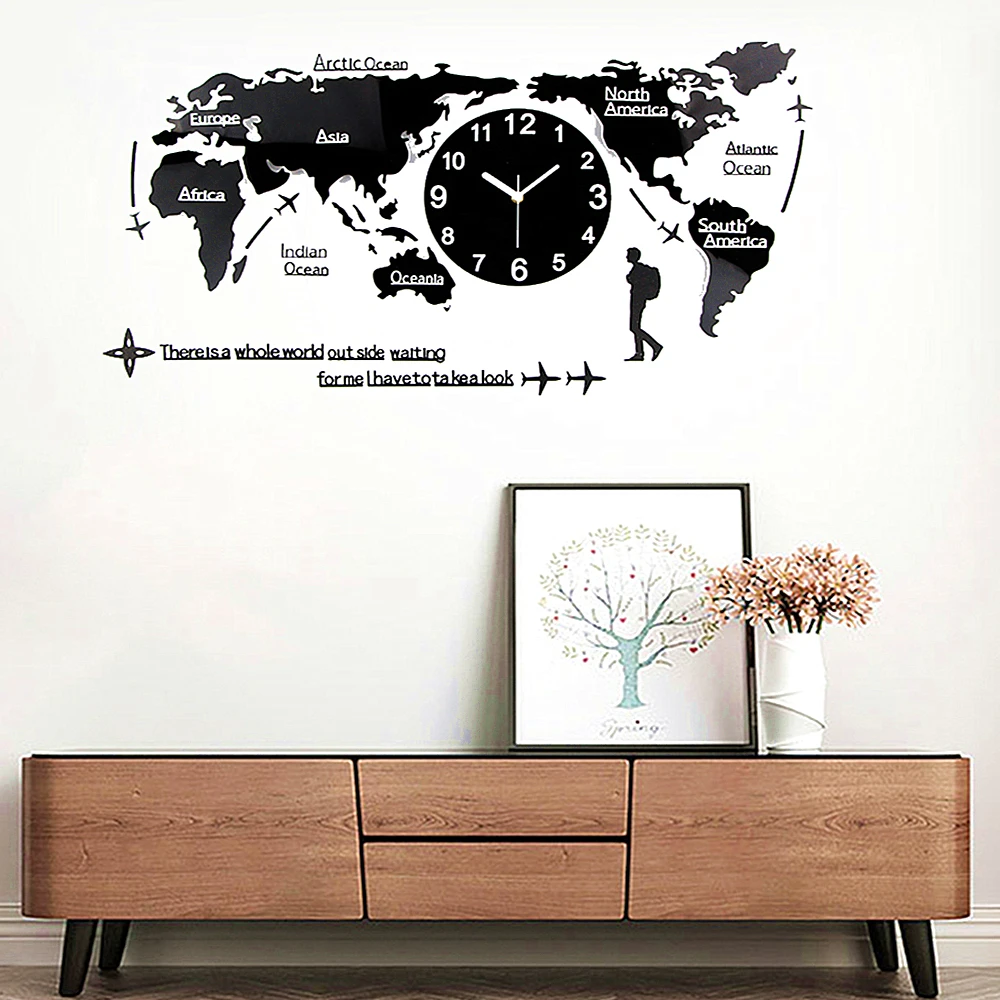 Large World Map Clock Modern Home Decor Wall Clock Sticker Relojes Horloge 3D DIY Hotel Unique Art Design Digital Acrylic