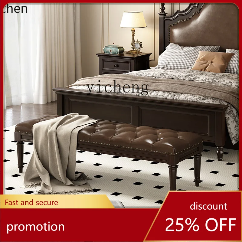 HXL Solid Wood Bed End Stool Genuine Leather Bedroom Furniture Bedside Shoe Changing Bench