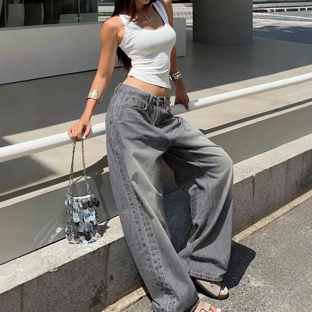 

American-style Casual Floor-length Jeans. New Fashionable, Simple Washed Loose Wide-leg Jeans for Ladies in All Four Seasons
