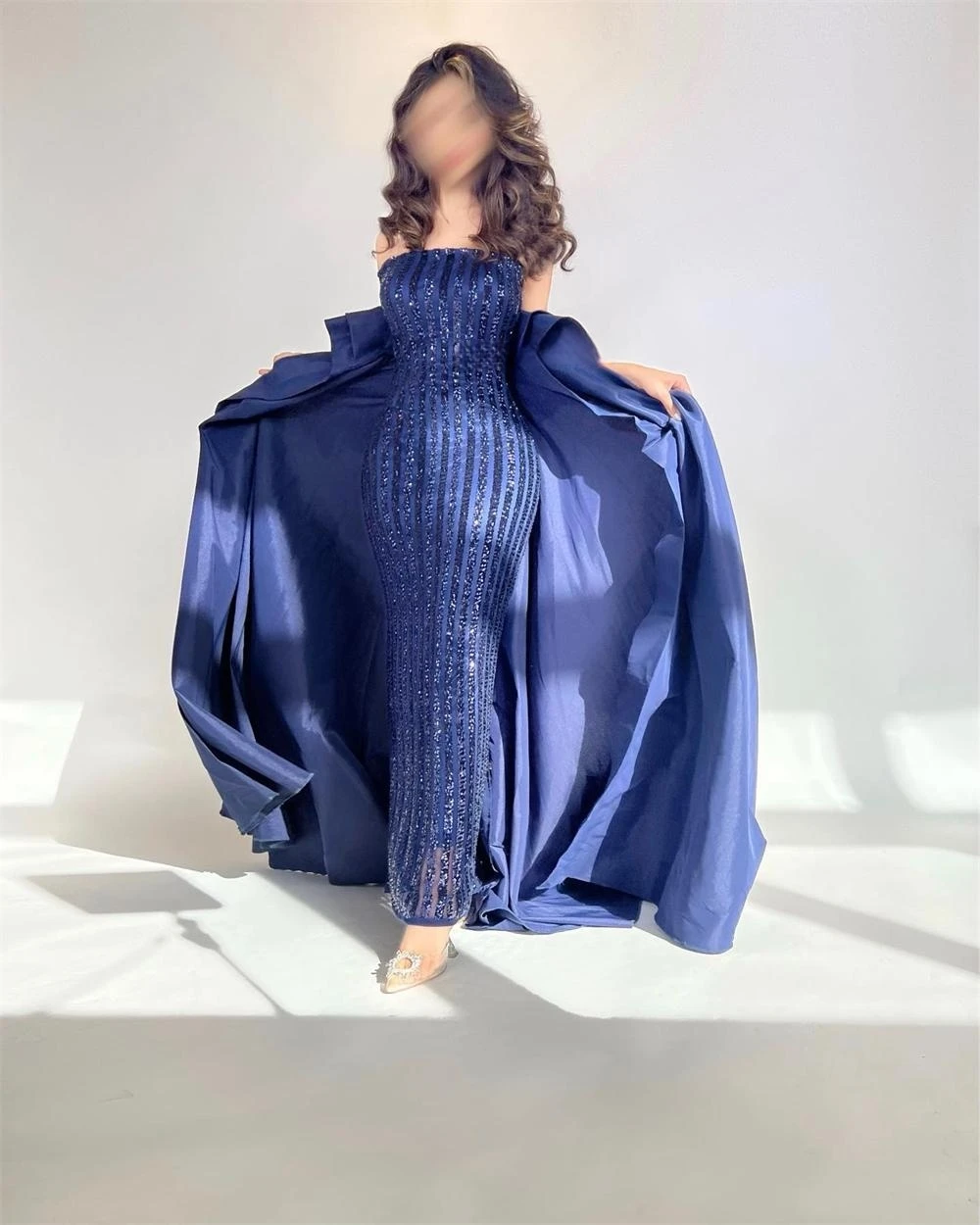 Navy Blue Sequins Satin Trumpet Evening Dresses with Train Off Shoulder Ankle-Length Formal Dress for Juniors A-Line vestidos