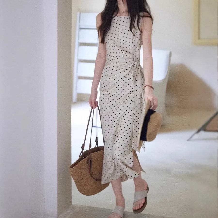

【New style】yh [Matsumoto] High-quality temperament polka dot dress, women's side waist, linen and cotton French dress