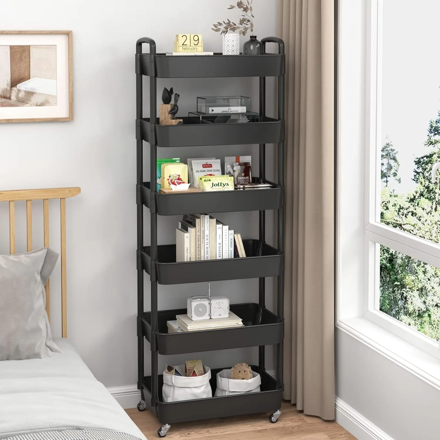 6-Tier Plastic Rolling Utility Cart with Handle, Multi-Functional Storage Trolley for Office, Living Black