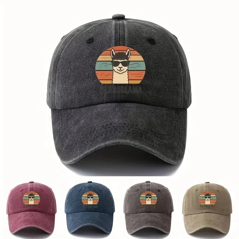 Vintage Cotton Washed Baseball Cap Breathable Adjustable Distressed Dad Hat Sun Protection Graphic Llama Hat For Men Women