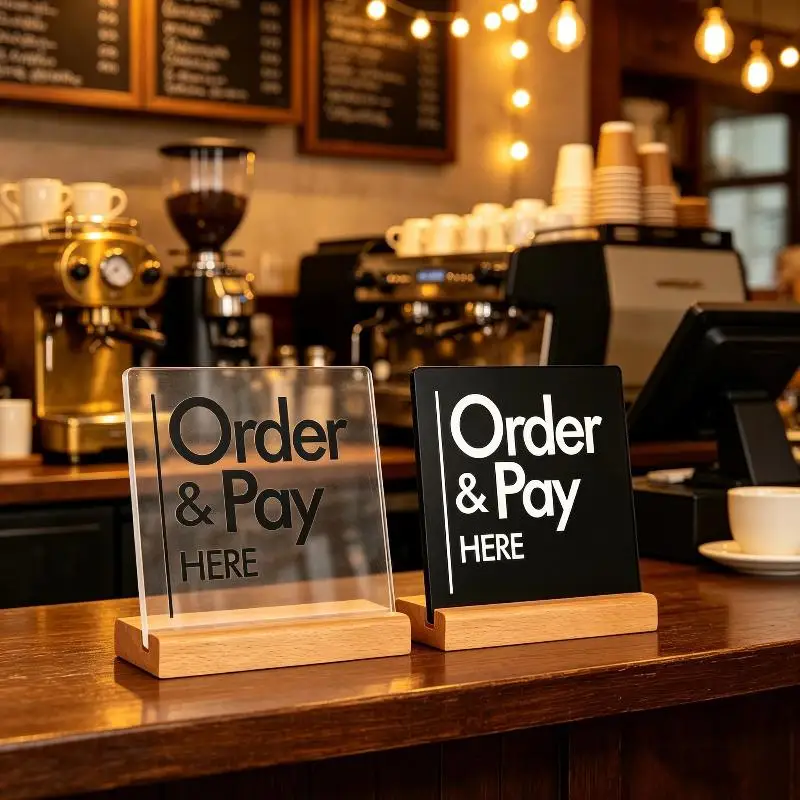 Acrylic Order & Pay Here Desk Sign Sturdy Wood Base Double Sided Clear Printing for Diner Coffee Shop Cash Register Counter
