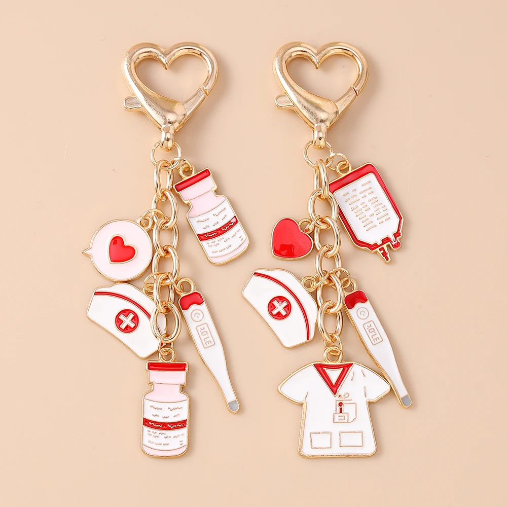 Cute Enamel Nurse Uniform Keychain Doctors Medical Infusion Bottles Key Ring Pendants for Women Girls Handbag Decor Jewelry Gift
