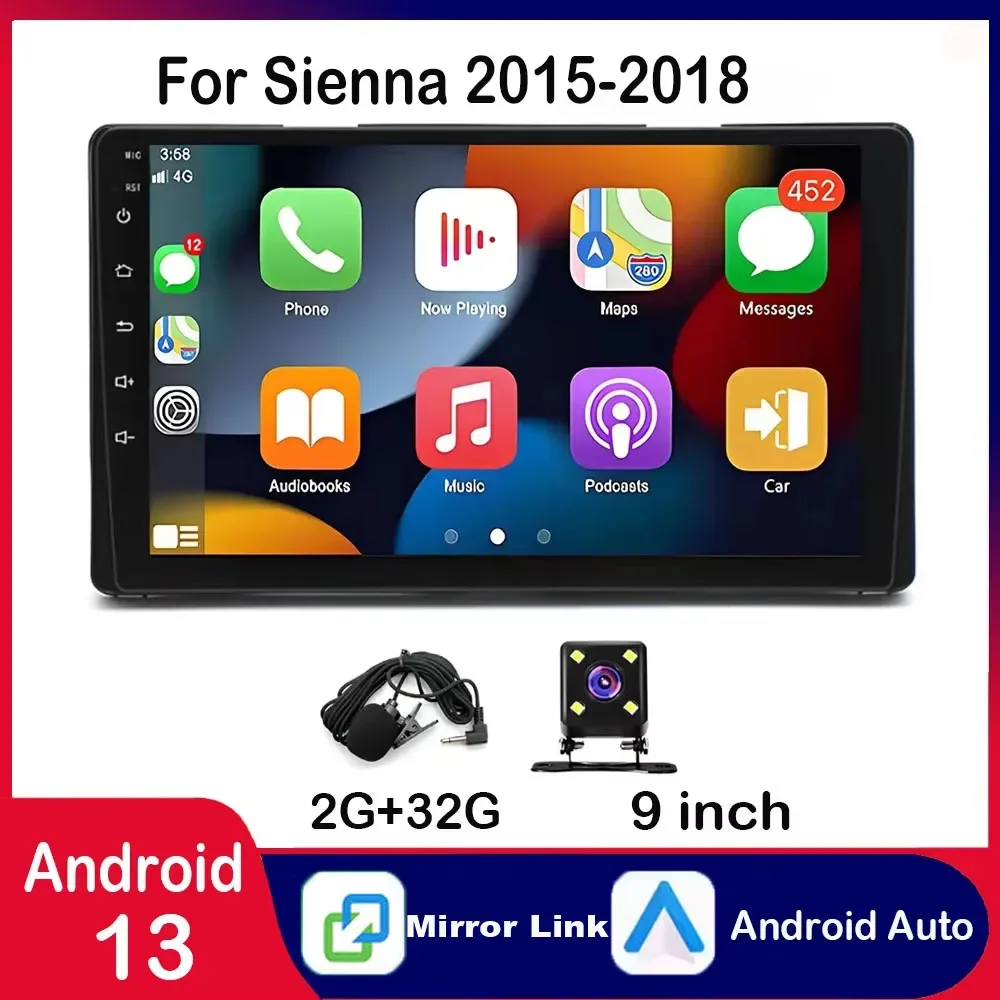 ملاحة GPS للسيارة متوافقة مع سيينا 2015 - 2018 Android 13 9 بوصة مناسبة لراديو Carplay