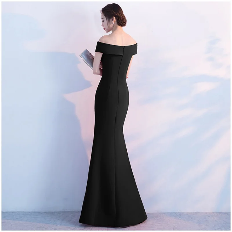 Evening Dresses Black Stretchy Off the Shoulder Zipper Back Mermaid Trumpet Slit Floor Length Women Party Formal Gowns YE006