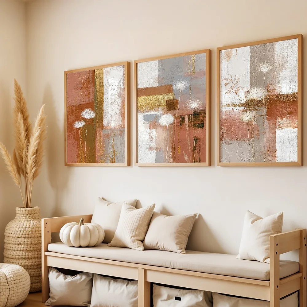 3Pcs Warm Tone Abstract Dandelion Texture Canvas Poster Wall Art,2D Print Decor,Boho Home Decoration For Living Room Bedroom