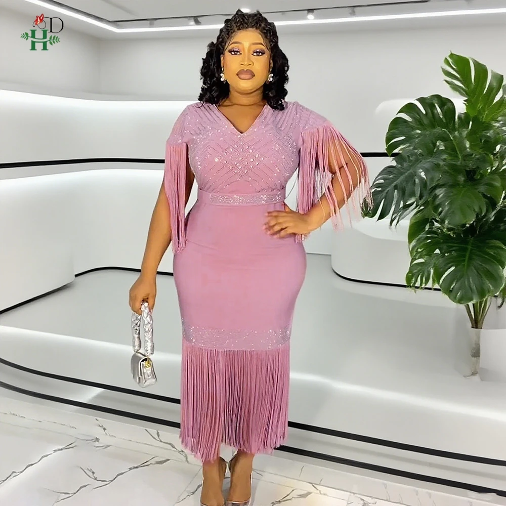 エレガントなアフリカンドレス レディース 新作 高級 ダイヤモンド タッセル Vネック ハイウエスト パッケージ 誕生日パーティー ローブ ミニ ブブ オフィスウェア