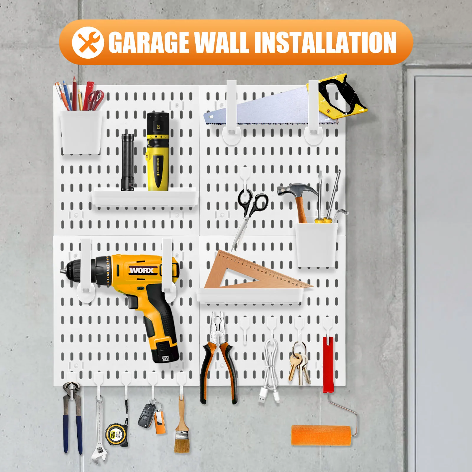 Wall Organiser Pegboard Combination Kit with 4 Tiles 30x30cm Pegboards + 18 Pieces Accessories for Room Storage(White)