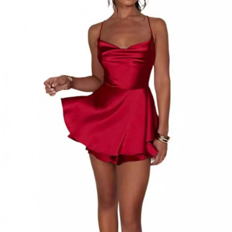 فستان 2025 أوروبي وأمريكي عبر الحدود للنساء للتجارة الخارجية نمط قصير صيفي نمط جديد بدون ظهر مثير موضة الساتان Str