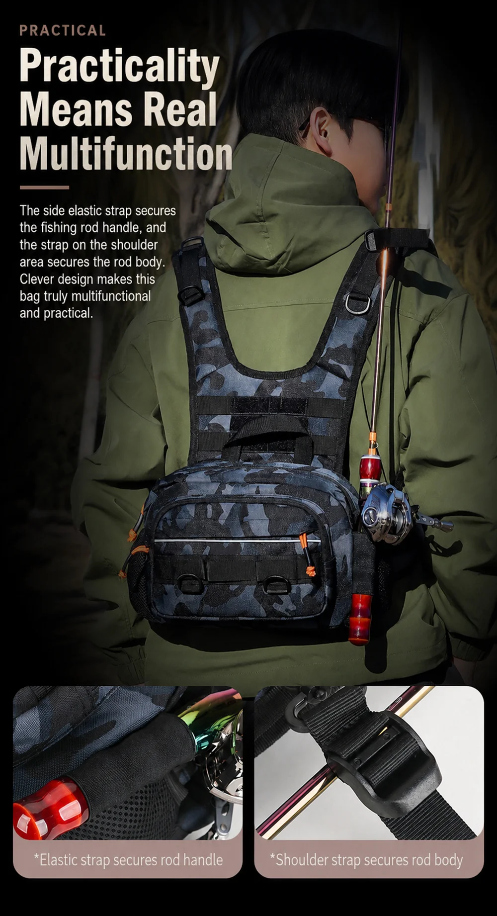 Multifunktionale Angeltasche für den Außenbereich, taktische Brusttasche mit Rutenhalter, große Kapazität, Angelzubehör-Aufbewahrungsrucksack – Detail 1