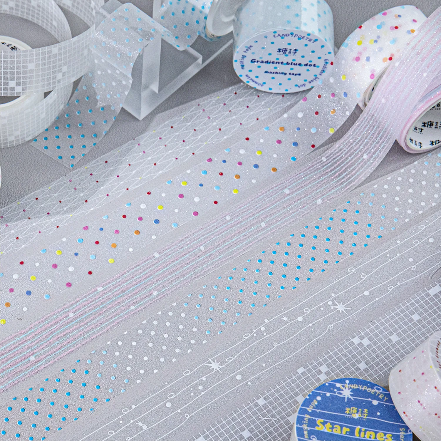 

Glitter Sand PET Tape Milk Salt Journal Series Minimalist Line Polka Dot Clear Basic Craft Decor Tape