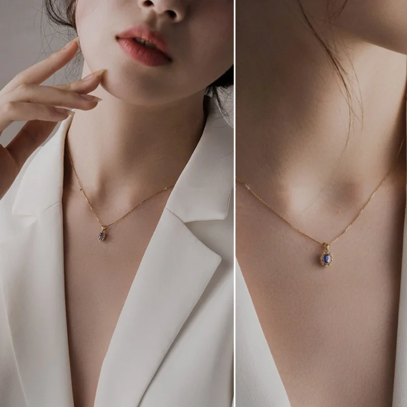 Elegant 925 Silver Blue Sapphire Oval Pendant Synthetic Gemstone Geometric Charm Locket For Necklace Luxury Women Accessories