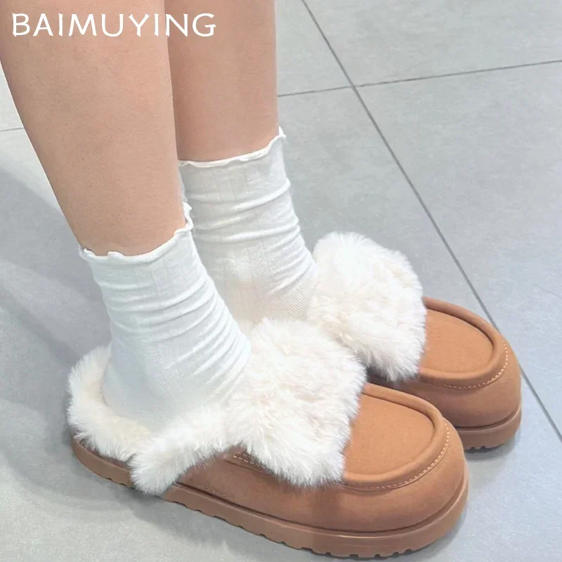 Fur Women Cotton Slippers Short Plush Suede Flats Designer Casual Shoes 2025 Trend Walking Warm Cozy Winter Snow Botas De Mujer