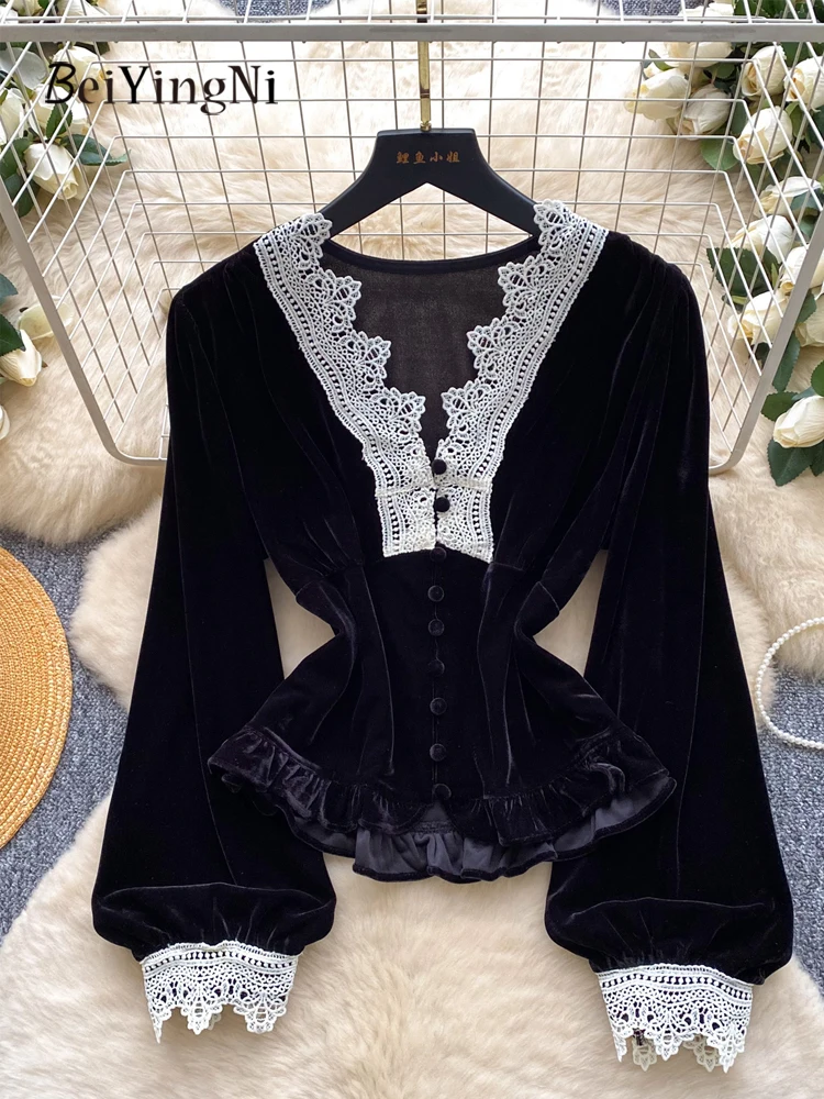 

Beiyingni Spring French Elegant Shirts Women Lace Patchwork Single Breasted Velvet Puff Sleeve Top Ladies Sexy OL V-neck Blusas