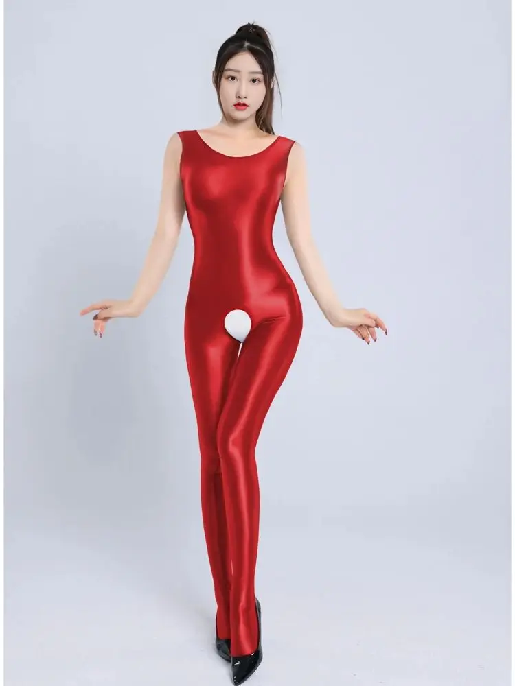 M XL Unisex Sleeveless Tank Catsuit Glossy Shiny Bodystocking Crotchless Open Crotch Bodysuit Tights Sexy Leotard Conjoined Body