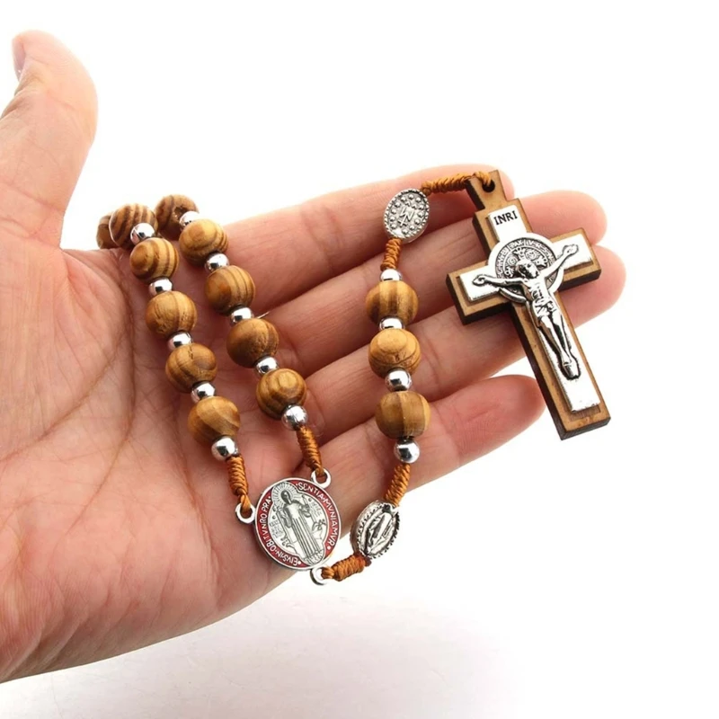 10mm Wooden Beads Catholic Rosary Necklace Christian Religious Jesus Pendant Praying Jewelry for Men Women Gift B03E