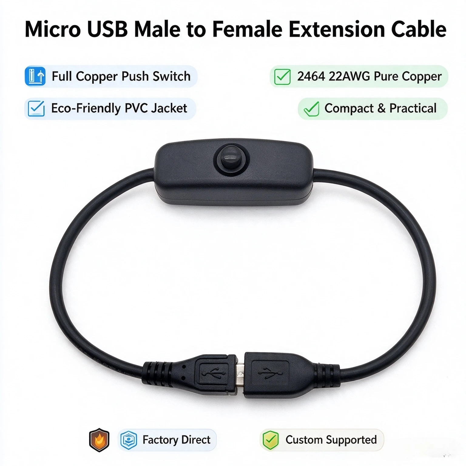 Micro USB Cable with 501 Button Switch and 5P Male and Female Power Cord