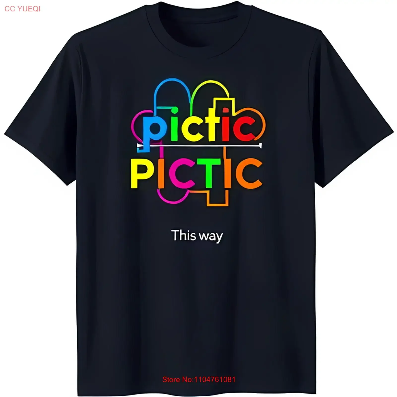 

Stylized 'Pictic' Rainbow Black T Shirt with Arrows 'This Way' Text vintage Washed Breathable Casual graphic fashion