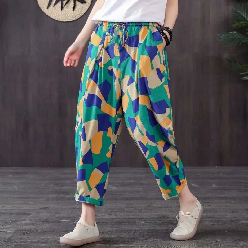 Pantalones Harlan artísticos de lino y algodón sueltos para mujer, pantalones Harlan con estampado versátil de nueve puntos, pantalones étnicos Sle de cintura alta, corte holgado