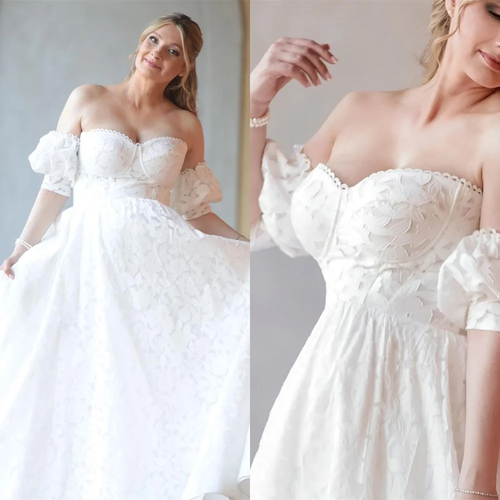 

Customized Exquisite White Lace Bridal Gowns Simple Strapless Off the Shoulder Wedding Dress Chapel Train Open Back Dress