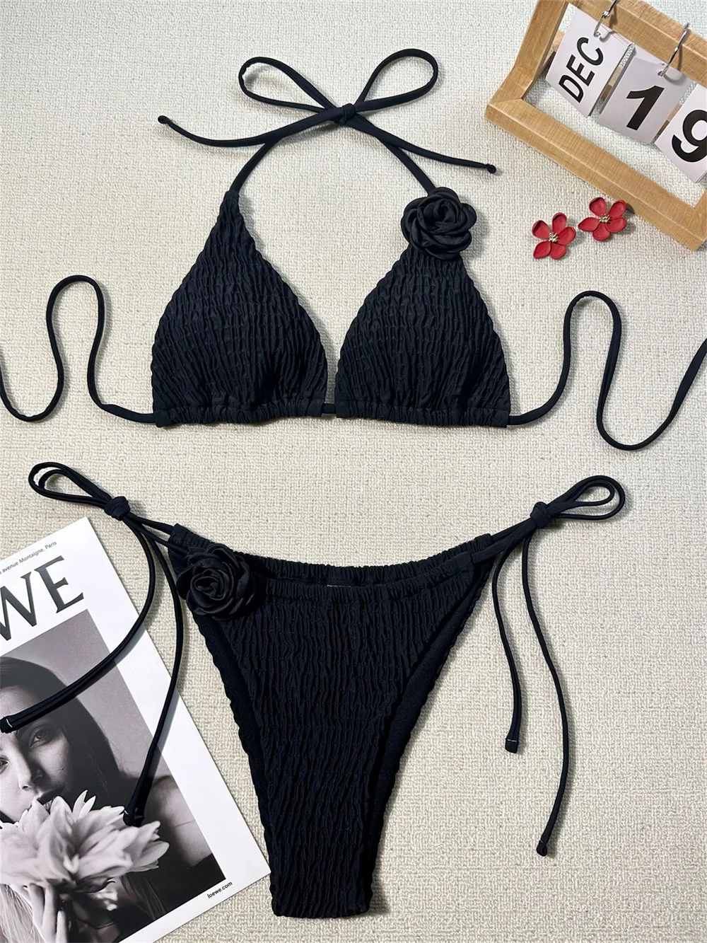 

3D Floral Black String Bikini Wrinkled Swimsuit Backless Lace Up Thongs Vacation Swimwear Women Beach Summer Outfit Bathing Suit