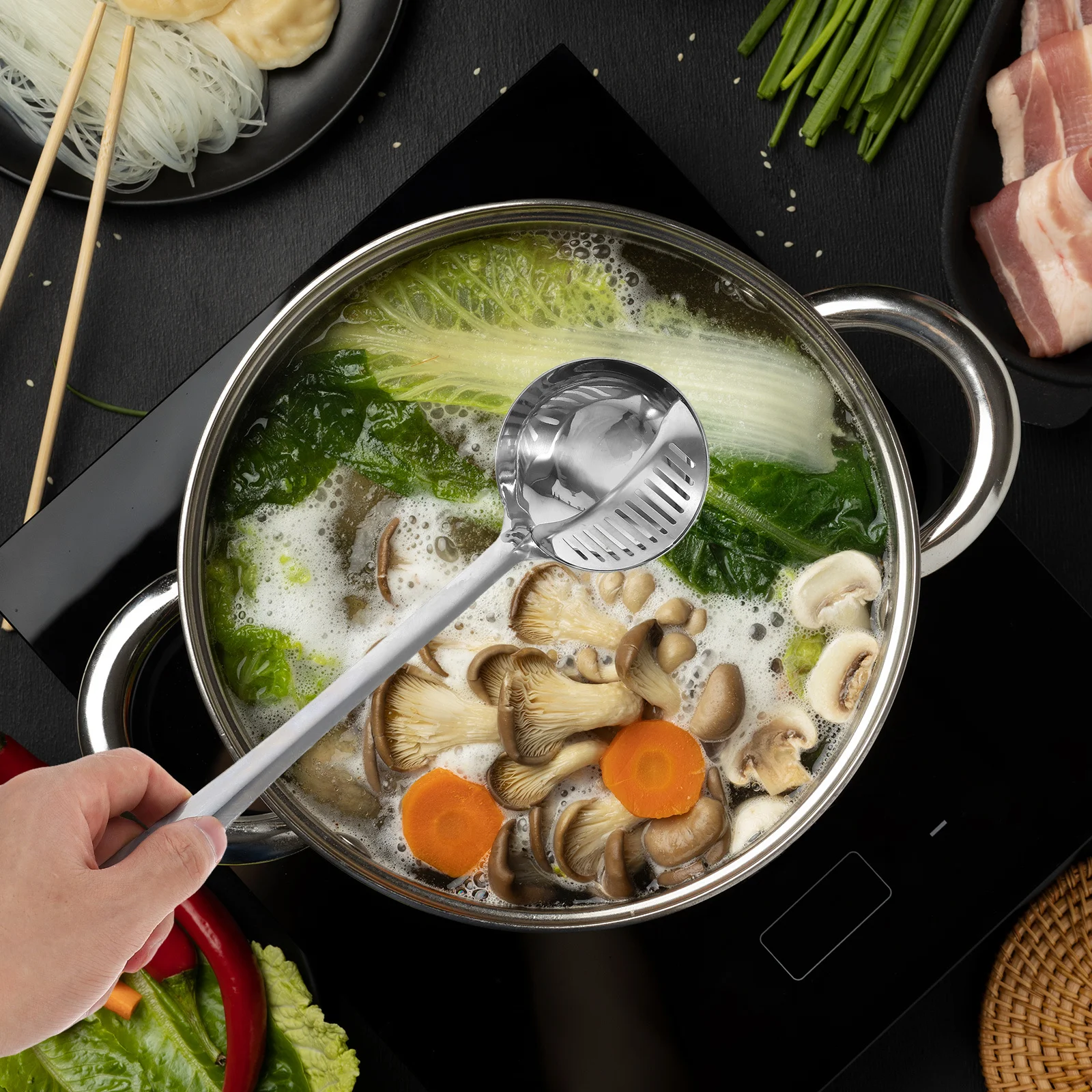 

Stainless Steel Hotpot Ladle Soup Spoon Dual Use Oil Separator Filter Deep Large Cooking Spoon Strainer Silver Durable Easy