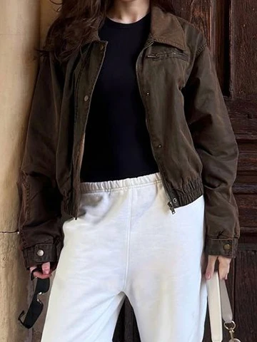 

Solid Zipper Pocket Short Jacket Women Turndown Collar Long Sleeve Cropped Outerwear Autumn Streetwear Fashion Vintage Outerwear