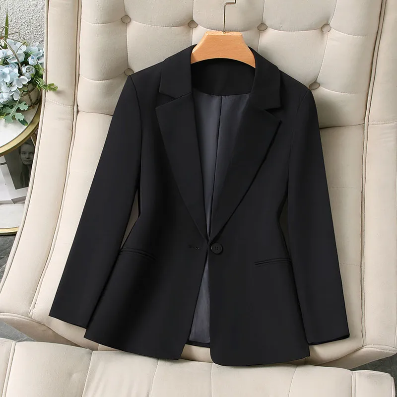 Slim Fit Black Suit Jacket Women's Fashionable Professional Style Casual Interview Work Daily One Button Long Sleeve Coat