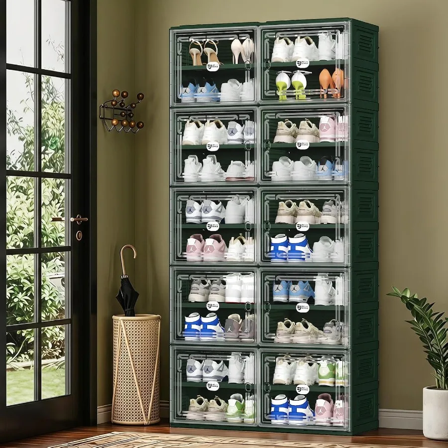 Green Foldable Shoe Storage Cabinet for 40 Pairs with Magnetic Clear Doors, Portable Enclosed Shoe Organizer, 3-Step Quick Asse
