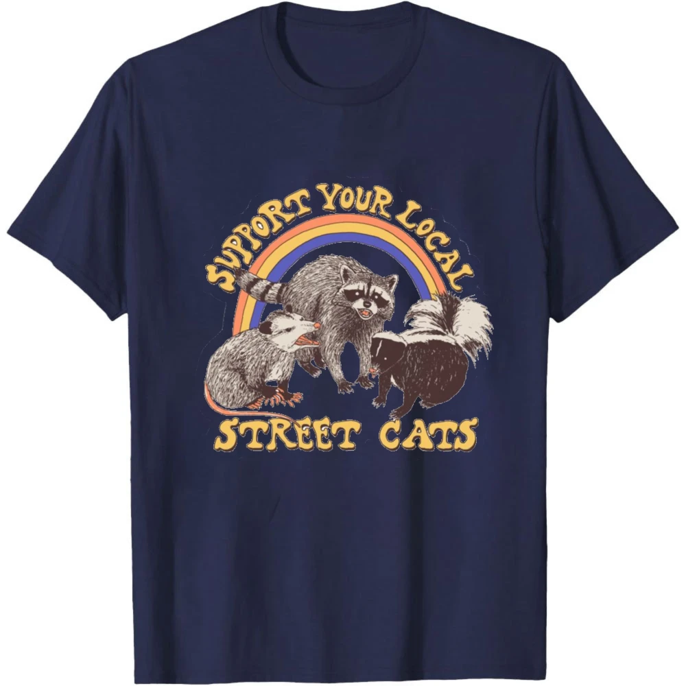 Support Your Local Street Cats Rainbow Animal Print Men T-Shirt Cotton Short Sleeve Unisex Top Gift for Cat Lover Outdoor Wear