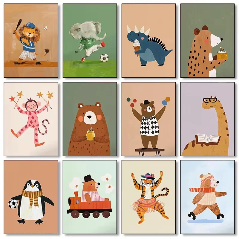 Cute Cartoon Animal Canvas Prints Poster Whimsical Funny Circus Bear Tiger Prints Kid's Room Nursery Wall Art Home Decor Post