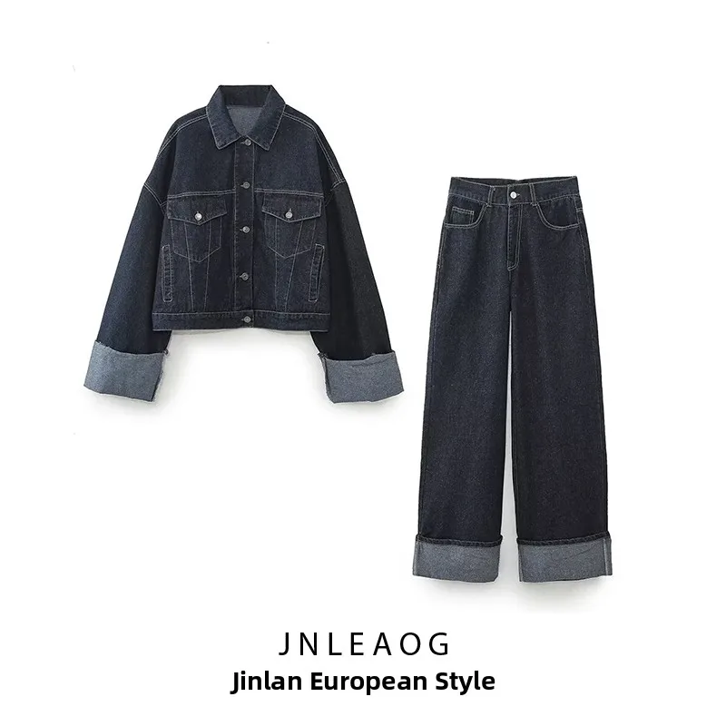 

JNLEAOG Autumn New Women's Jeans Cuffed Pants 6045205 Denim Jaet 9632255 Faionable Two-Piece Set for Adult Women