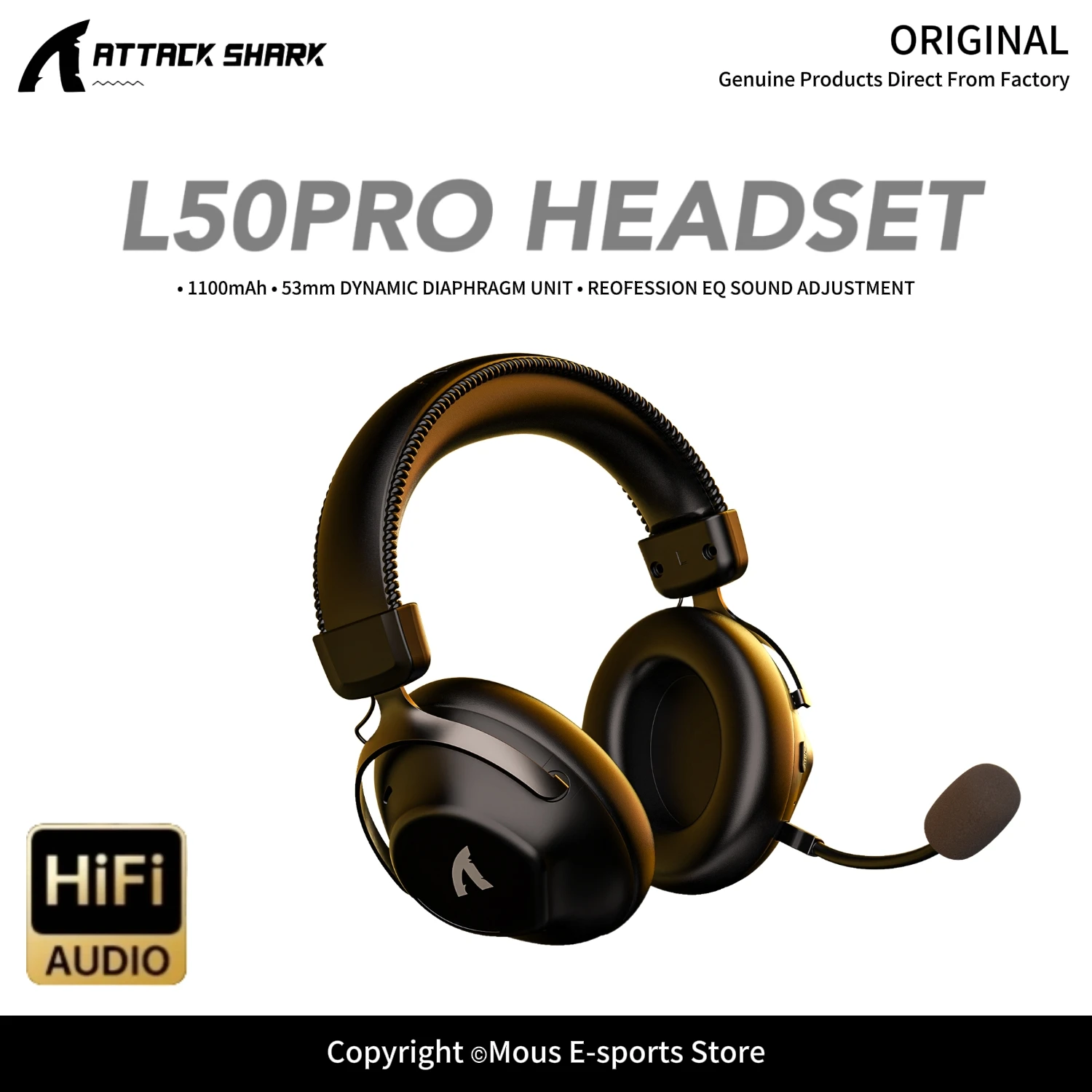 ATTACK SHARK L50PRO Tri-Mode Wireless Headset with Detachable Mic Immersive 3D Audio Esports FPS Footsteps Gaming Headset