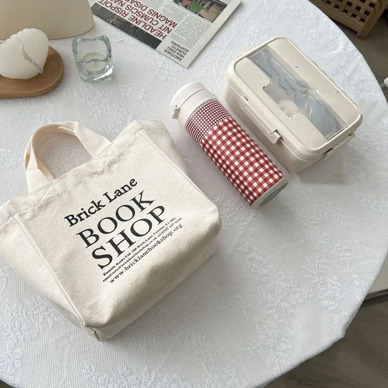 New Canvas Lunch Bag Book Shop Print Lunch Box Picnic Tote Small Handbag Cotton Cloth Reusable Food Storage Bags For Office Lady